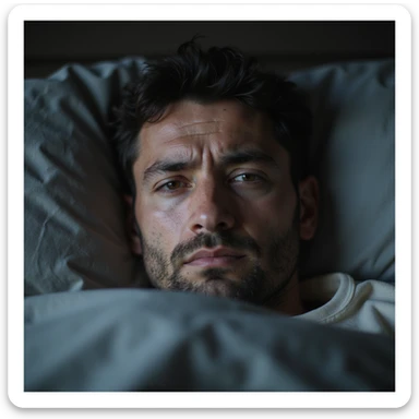 close-up hyperrealistic 4K image of a man with tired face, swollen eyes and dark circles, lying in bed, stressed expression, cold morning light sticker