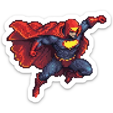 Omni-Man from Invincible, flying pose, red cape flowing, stern face, superhero suit, pixel art style sticker