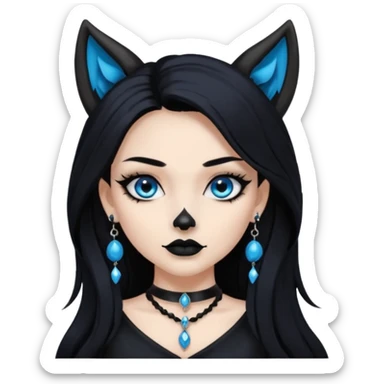 A girl with long black hair and blue eyes, black eyeshadow, black eye liner, mascara, and black lipstick, and black skull earrings. Also a black sexy dress and wolf ears  and a black pendent   sticker