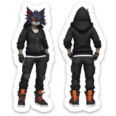 Cool Anthro Black Bat-Nargacuga-Litten-cat-Pokémon with edgy stripes hoodie spiked collar punk techwear Cargo Pants Full Body sticker