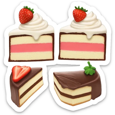 Chocolate Cake Slice with strawberry frosting on the top left of the cake slice and vanilla frosting on the top right of the cake slice and a face sticker