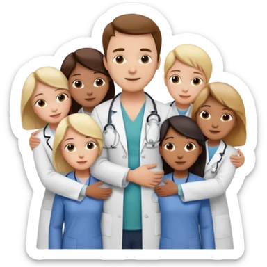 smedico abraçando varios pacientes, ele usando jaleco, e os pacientes usando roupas comuns sticker