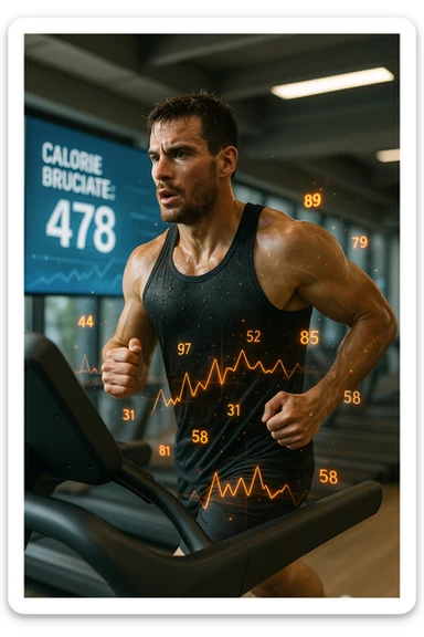 Uomo atletico su tapis roulant in palestra, visibilmente sudato, in piena corsa. Sullo sfondo uno schermo digitale che mostra 'Calorie bruciate: 478'. Intorno al corpo dell’uomo si vedono numeri fluttuanti e grafici energetici, come se si stessero misurando in tempo reale le calorie consumate. Atmosfera dinamica, luce intensa da palestra, sensazione di movimento e impegno. IN ITALIANO sticker