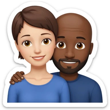 there is a white woman with short brown hair and a black man with no hair and a beard. The woman puts her head on the man's shoulder sticker