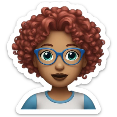 a curvy girl with curly red hair and blue glasses blowing a kiss sticker
