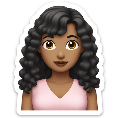 White woman with long black curly hair and bangs and dark brown eyes, wearing a pastel pink dress sticker