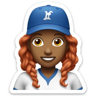 front facing standing up female coach with long red hair, wearing a white t-shirt and a simple baseball blue hat sticker