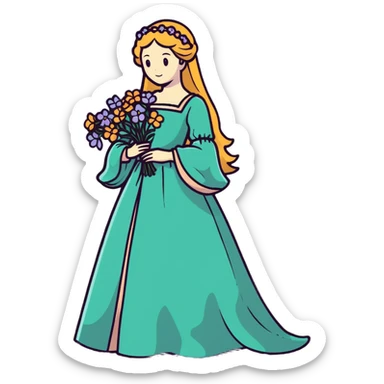 Ophelia from Shakespeare's Hamlet looking distressed, scattering flowers, wearing a medieval gown, based on both the tragic character and Millais' painting sticker