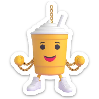 3D cartoon character of a Styrofoam cup of lean (purple drank), with a friendly face, arms, a gold chain, and Jordan sneakers, simple style sticker