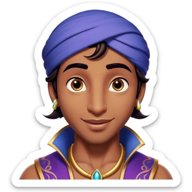 Cinematic Realistic Aladdin Portrait, head tilted playfully and inquisitively, showcasing his roguish charm and bright, mischievous eyes. His signature attire is rendered in exquisite detail with dynamic natural highlights, and a hint of magic sparkles about him—embodying a youthful, adventurous energy with friendly power. sticker