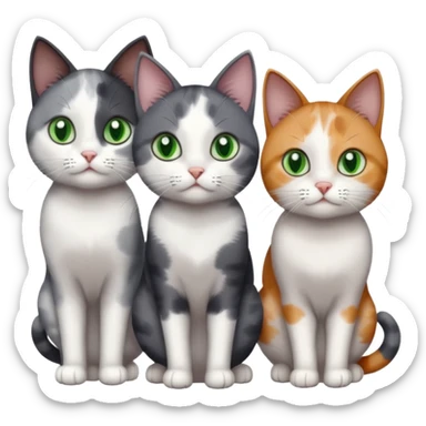 3 different coloured small cats including a dark grey and white, and a patchy calico and a completely solid dark grey with green eyes and only white paws sticker