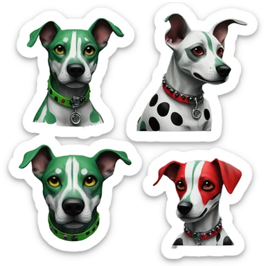 Edgy Punk dog spiked collar tattoos Green gray black red punk dog Harley Quinn as a dog mime clown harlequin facepaint tattoos punk lurcher surrealism  sticker