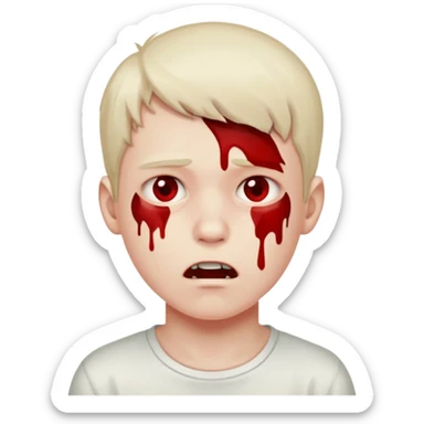 A boy strangling himself with blood on his face sticker