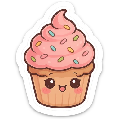 chibi sticker-style cupcake with pink frosting and sprinkles, girly, cute and exaggerated sticker