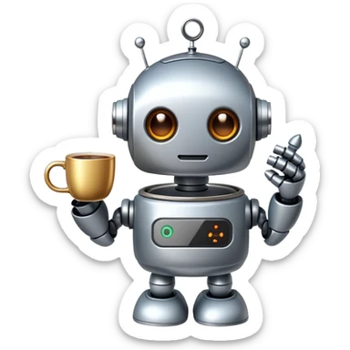 A cute robot holding a steaming coffee mug sticker