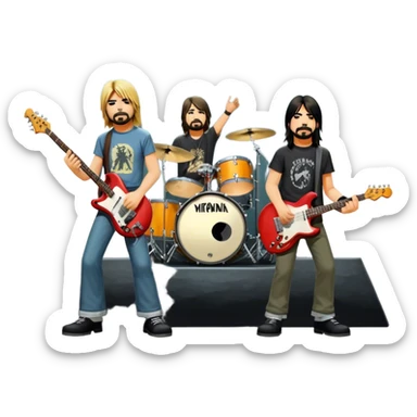 Icon for Rock Music: Nirvana performing on stage with Kurt Cobain on guitar and vocals, Krist Novoselic on bass, and Dave Grohl on drums. A grunge-inspired vibe with dynamic stage lighting and musical energy. Transparent background. sticker