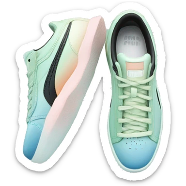 Realistic Isolated front view pair of pastel blue pastel green peach and black ombre Puma sneakers.  sticker
