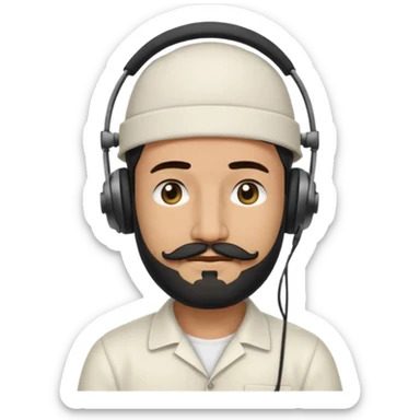 Half body man wearing white topi, lapray, black beard and moustache, headphones, eyes closed, realistic emoji style. sticker