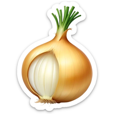 Cinematic crisp white onion, slightly peeled to reveal smooth layers, warm golden tones, rustic and fresh, soft glowing highlights. sticker