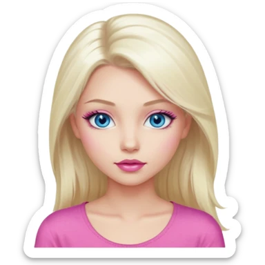Girl with long platinum blonde hair, blue eyes, long lashes, sexy pink lips, wearing a pink top sticker
