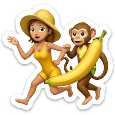 Monkey chasing a woman holding a banana  sticker