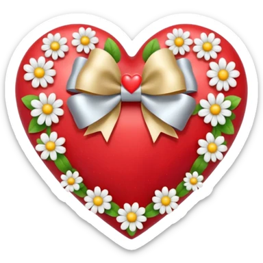 heart with a field of flowers, silver bow with heart pattern on the bow, apple emoji style sticker