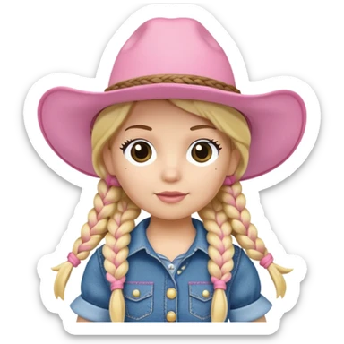 A soft plush cowgirl doll with a pink hat and blonde braids sticker