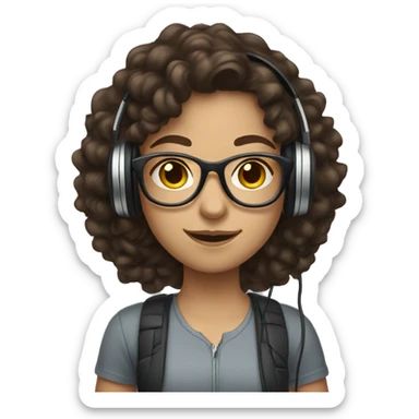 Caucasian girl with long dark brown curly hair, glasses, and headphones on sticker