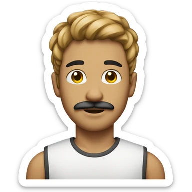 A 27-year-old wheat-skinned boy with stubble and a mustache sticker