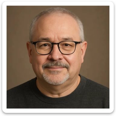 portrait varié d'un homme de 60 ans, cheveux très courts gris, visage rond, lunettes, moustache et bouc court sticker