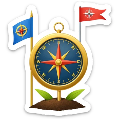 A minimal emoji of a compass pointing toward a planted flag. Flat design, confident colors, modern emoji style. Represents choosing direction and seeing it through to completion. Avoid corporate or motivational poster aesthetics. sticker