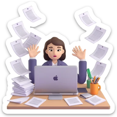 tired woman at a desk with a MacBook, surrounded by messy papers, emphasizing disorganization sticker