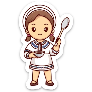 Ukrainian young girl in a white embroidered traditional shirt holding cooking tools like spoon and ladle sticker