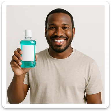 A smiling Black man with a bottle of mouthwash in his hand, casual pose, clean background. sticker