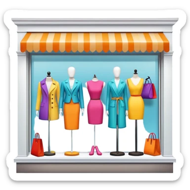 Storefront shop window with products displayed, mannequins, and clothing items sticker