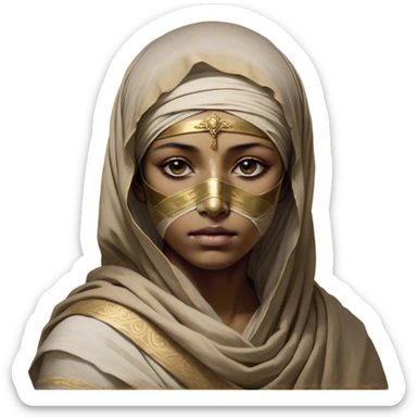 Regal and timeless, fully wrapped in meticulously aged bandages, even its face veiled in layers of ancient cloth with only faint glimpses of deep, solemn eyes peering through, adorned with faded gold accents, exuding an air of forgotten majesty and solemn duty, highly detailed, softly glowing, evoking the dignified mystery of an eternal guardian watching over lost secrets! sticker