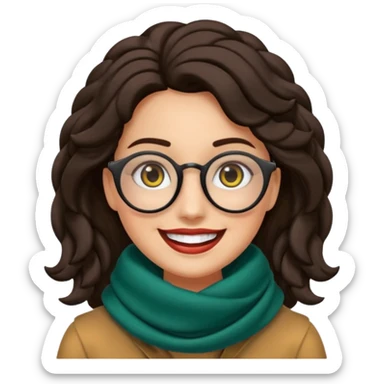 Emoji estilo WhatsApp de una mujer sonriente con rostro ovalado, piel semi oscura, ojos grandes y oscuros, cejas gruesas arqueadas, gafas grandes redondeadas, rizos voluminosos negros, bufanda colorida y expresión tierna. Colores limpios, contornos suaves y fondo transparente. sticker