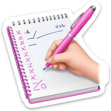 a hand writing a math equation with a pink pen in a notebook sticker