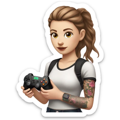 White girl with arm tattoo and brown hair holding a pink game controller sticker