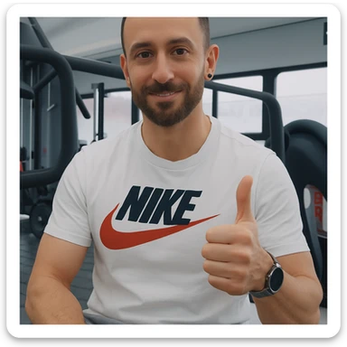 The man in the photo is making the OK gesture with his thumb up, showing an expression of approval, in a gym environment, photorealistic style. sticker