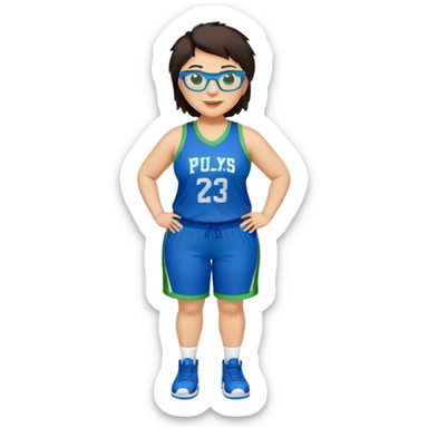 Full Body plus size white female with short dark hair with highlights spike hair wearing blue glasses basketball player wearing blue green uniform smiling sticker