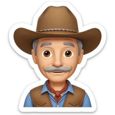cute old cowboy portrait, head and shoulders only, cowboy hat, grey mustache, wrinkles, warm smile, western outfit, 3D cartoon, mobile game icon style, clean background, no text, no watermark
 sticker