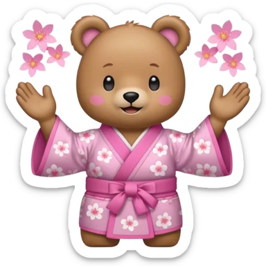 A cute light-brown bear wearing a pastel pink sakura-patterned kimono, normal balanced body ratio.  
Clapping hands cheerfully with a big bright smile and small spark effects around.  
Kawaii emoji style, minimalistic clean sticker illustration, white background.
 sticker