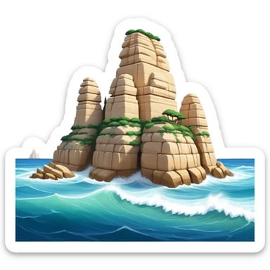 Cinematic Realistic Raouche Rocks, Beirut Landmark Emoji, depicting the majestic limestone rock formations rising from the Mediterranean Sea, with waves crashing against their bases under a vibrant sky. sticker
