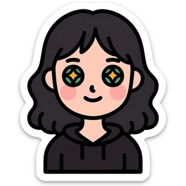 A cute girl with white skin, dark wavy hair just below her shoulders, green eyes, fair skin, a soft pink blush, and burning stars in her eyes. She has a thin neck and is wearing a black hoodie. The girl has long bangs styled on both sides of her face. sticker