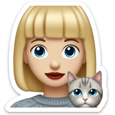 girl with blonde bob hair and bangs (a fringe) with blue eyes, long eyelashes and red lipstick in a red cable knit sweater holding a grey cat sticker