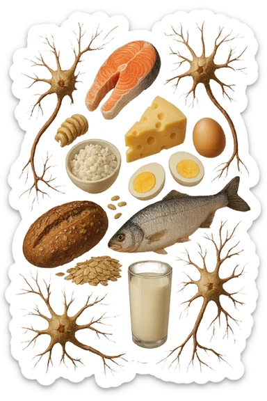 carne, pesce, uova, latticini, cereali integrali fluttuano in aria insieme a neuroni umani anatomici realistici, iperrealistici 4k sticker