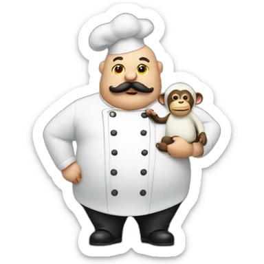 fat bald chef with mustache and monkey friend sticker