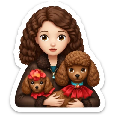A girl who has long brown hair and wears a fur jacket holds a brown poodle sticker