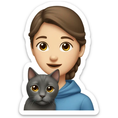 Brown hair girl and russian blue cat together sticker